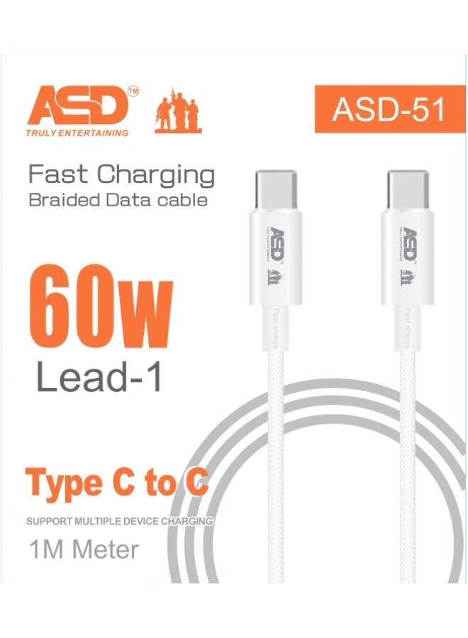 ASD-51 USB-C to USB-C Cable, 60W PD Fast Charging, 1 Meter Data & Charging Cable, Durable Type-C Cable - Image 1