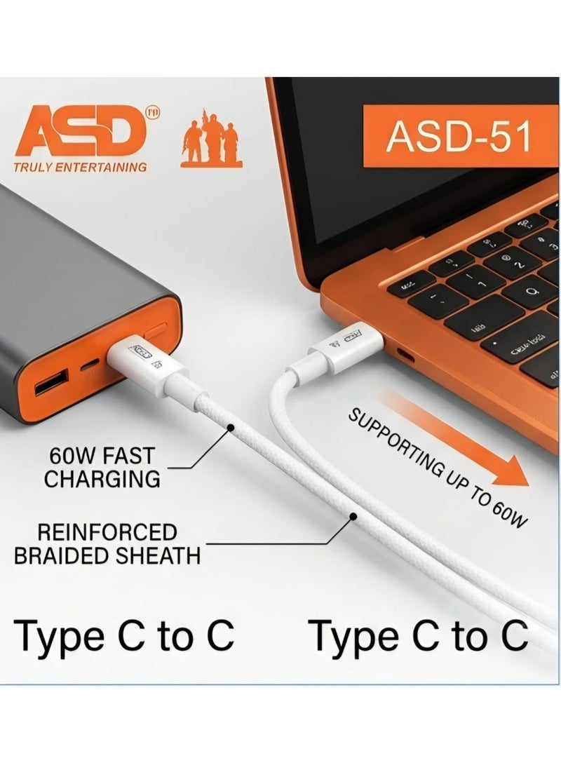 ASD-51 USB-C to USB-C Cable, 60W PD Fast Charging, 1 Meter Data & Charging Cable, Durable Type-C Cable - Image 2
