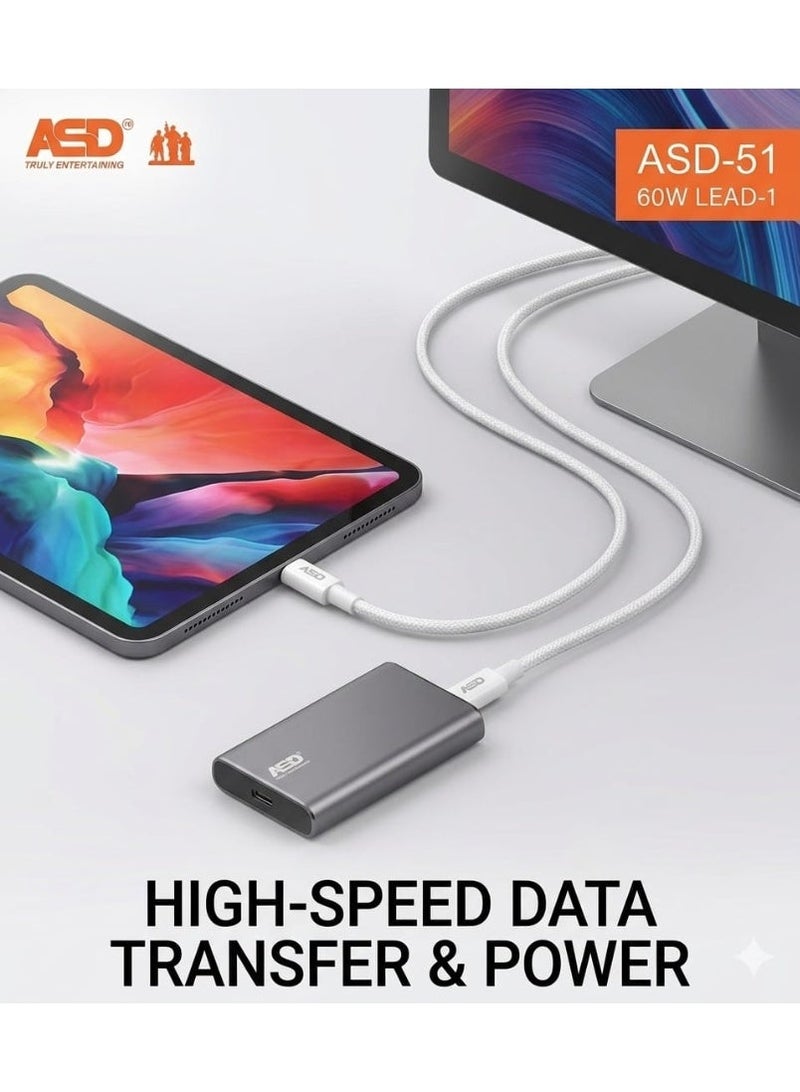 ASD-51 USB-C to USB-C Cable, 60W PD Fast Charging, 1 Meter Data & Charging Cable, Durable Type-C Cable - Image 3