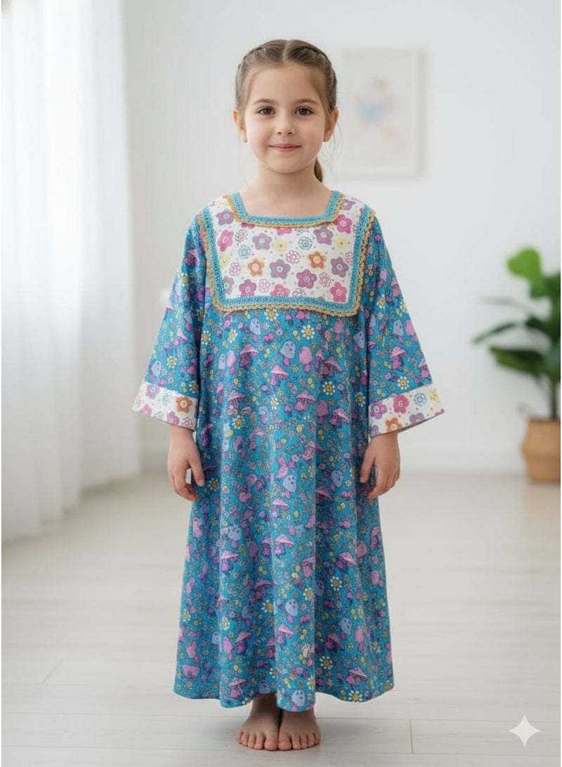 لـيـنـيـل Linelle Rayon Kids Jalabiya, Blue & White Floral Printed and Lace Detail - Image 1