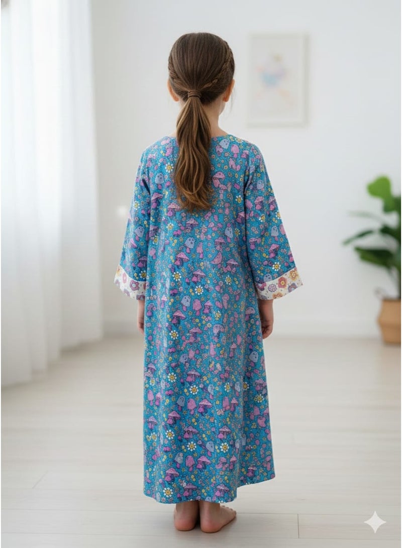 لـيـنـيـل Linelle Rayon Kids Jalabiya, Blue & White Floral Printed and Lace Detail - Image 3