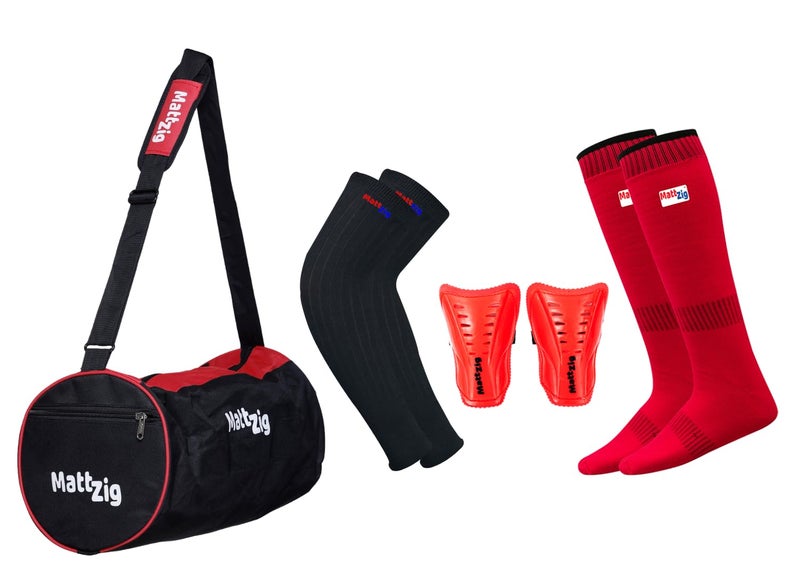MATTZIG ® Club Football Kit (One Pair of Knee Length Poplin Socks + One Pair of Shin Guard + One Pair of Cotton Arm Sleeves + One Kit Bag) (Red) - Image 1