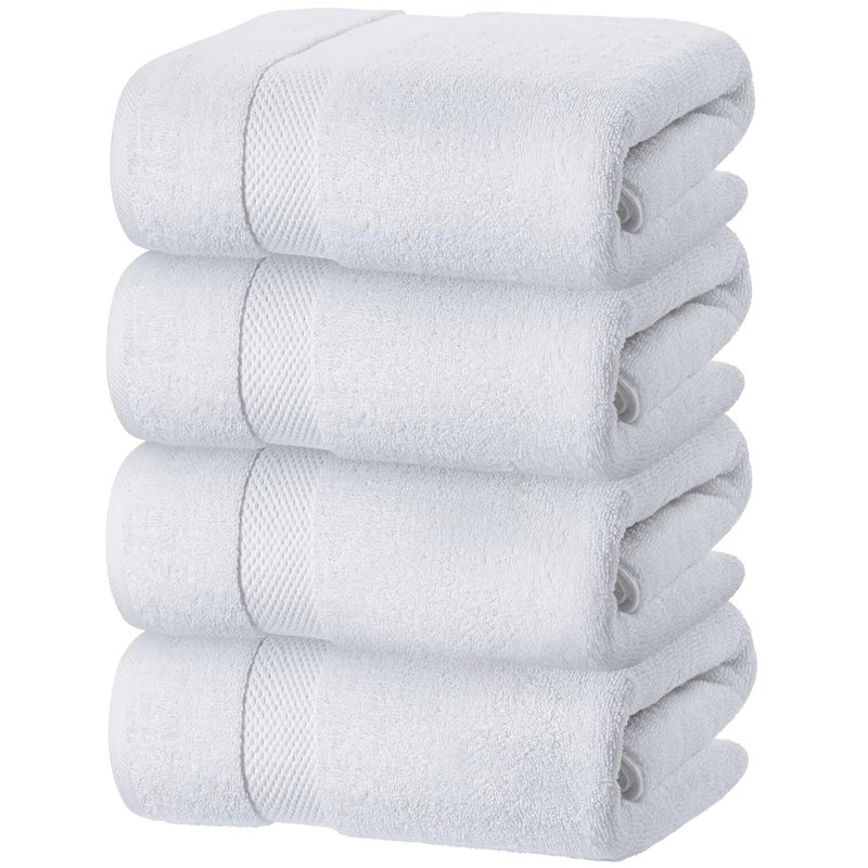 White Classic مجموعة من 4 من مناشف الحمام الفاخرة البيضاء الكلاسيكية الكبيرة - 700 GSM من القطن الناعم للغاية 27x54 | عالية الامتصاص وسريعة الجفاف | مناشف فندقية للحمام الفاخر، مناشف استحمام فاخرة، بيضاء - Image 1