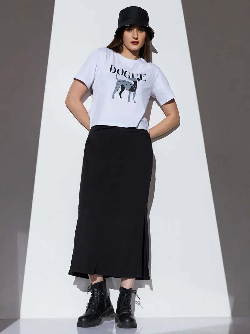 Globus Women Black Mid-Rise Solid Side Slit Straight Midi Denim Skirt