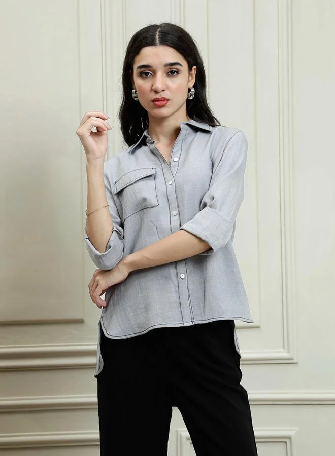 Athena Grey Linen Long Sleeve Button-Down Shirt