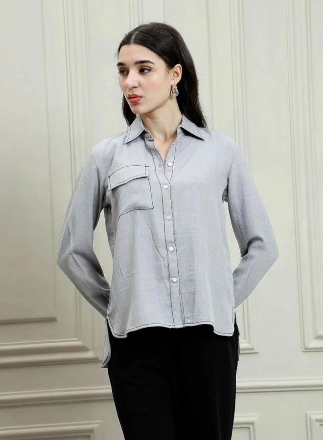 Athena Grey Linen Long Sleeve Button-Down Shirt