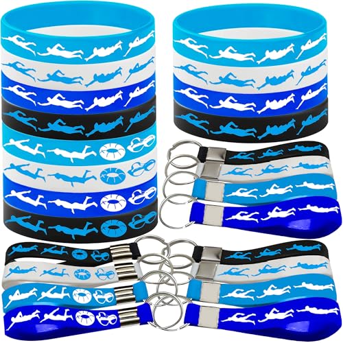 PIBIPAID 24PCS Swimming Rubber Bracelets Keychains Party FavorsSport Themed Silicone Bracelets Party Supplies Swimming Action Themed Birthday Baby Shower Party Decorations - Image 1