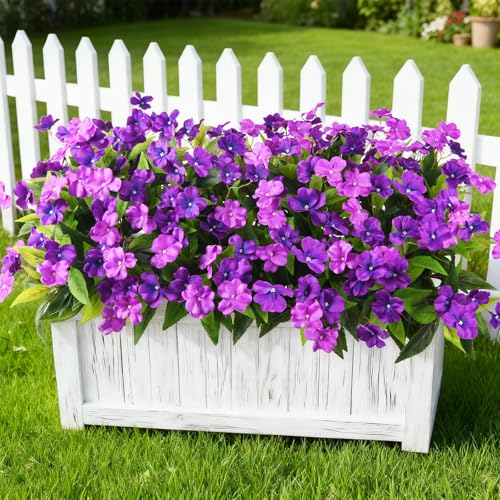 ZFProcess Artificial Impatiens Flowers for Outdoors, 6 Bundles Silk Fake Flowers for Spring Summer Decoration, UV Resistant Faux Plants Plastic Bouquet for Home Planter Porch Patio Yard Decor(Double Purple) - Image 1