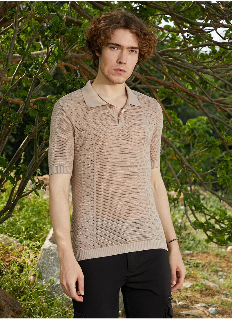 Campus Sutra Men's French Beige Twill-Knit Polo T-Shirt