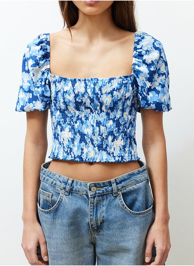 trendyol - Blue Gimped Square Neck Fitted/Situated Crop Knitted Blouse TWOSS24BZ00313 - Image 1
