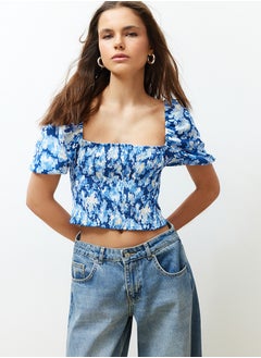 Blue Gimped Square Neck Fitted/Situated Crop Knitted Blouse TWOSS24BZ00313