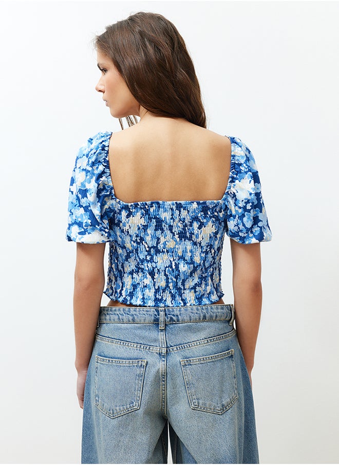 trendyol - Blue Gimped Square Neck Fitted/Situated Crop Knitted Blouse TWOSS24BZ00313 - Image 1