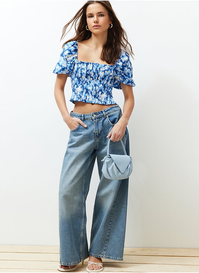 trendyol - Blue Gimped Square Neck Fitted/Situated Crop Knitted Blouse TWOSS24BZ00313 - Image 1