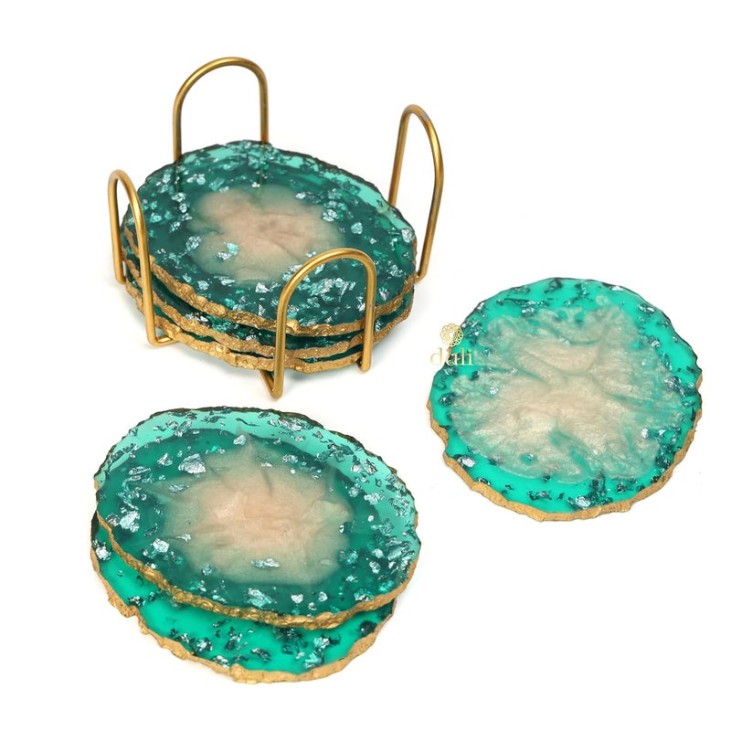 DULI Resin Coasters Set of 6 with Stand - Bar Wine Coasters for Table - Set of 6 Classy Yet Stylist Handmade Marble Stone Coaster Set with Holder (ResinCoasterW/G-Stand:GreenMetallicFlake) - Image 4
