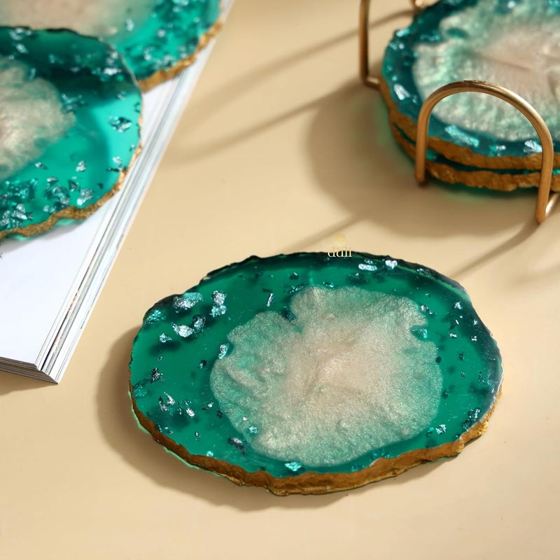 DULI Resin Coasters Set of 6 with Stand - Bar Wine Coasters for Table - Set of 6 Classy Yet Stylist Handmade Marble Stone Coaster Set with Holder (ResinCoasterW/G-Stand:GreenMetallicFlake) - Image 2