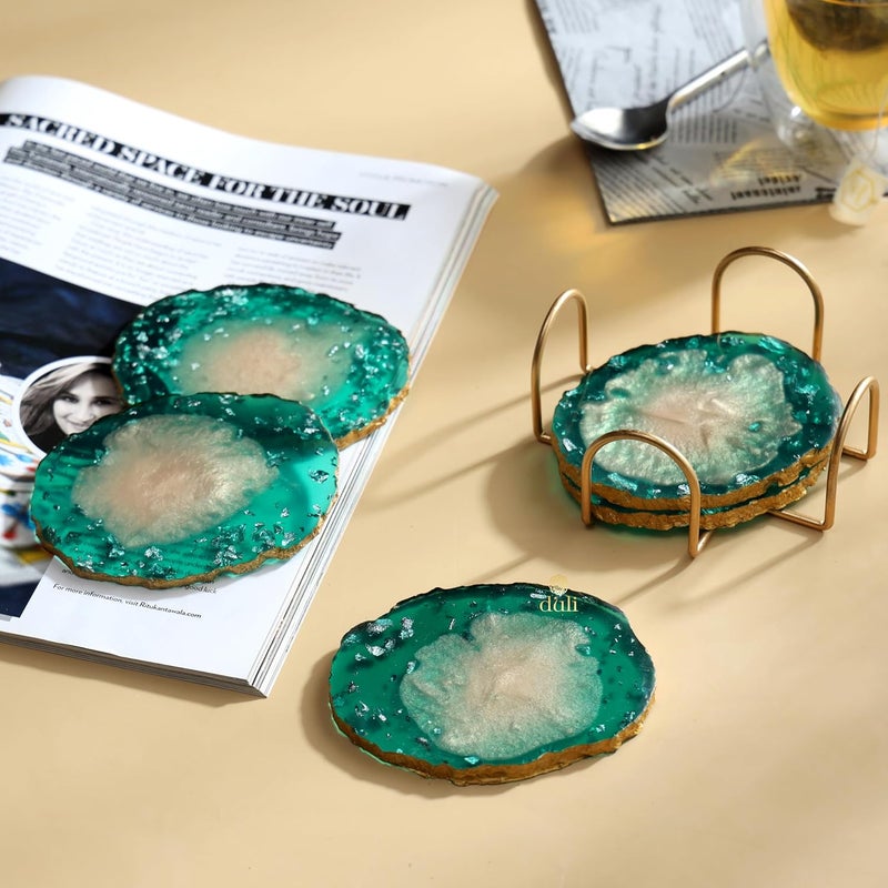 DULI Resin Coasters Set of 6 with Stand - Bar Wine Coasters for Table - Set of 6 Classy Yet Stylist Handmade Marble Stone Coaster Set with Holder (ResinCoasterW/G-Stand:GreenMetallicFlake) - Image 1