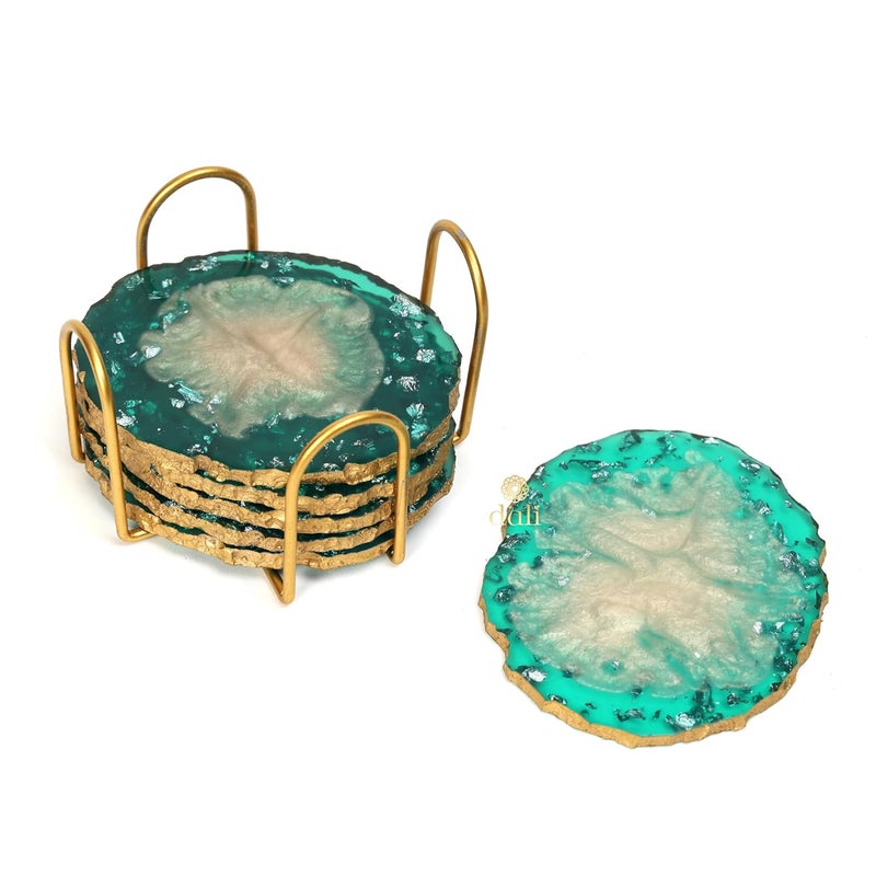 DULI Resin Coasters Set of 6 with Stand - Bar Wine Coasters for Table - Set of 6 Classy Yet Stylist Handmade Marble Stone Coaster Set with Holder (ResinCoasterW/G-Stand:GreenMetallicFlake) - Image 3