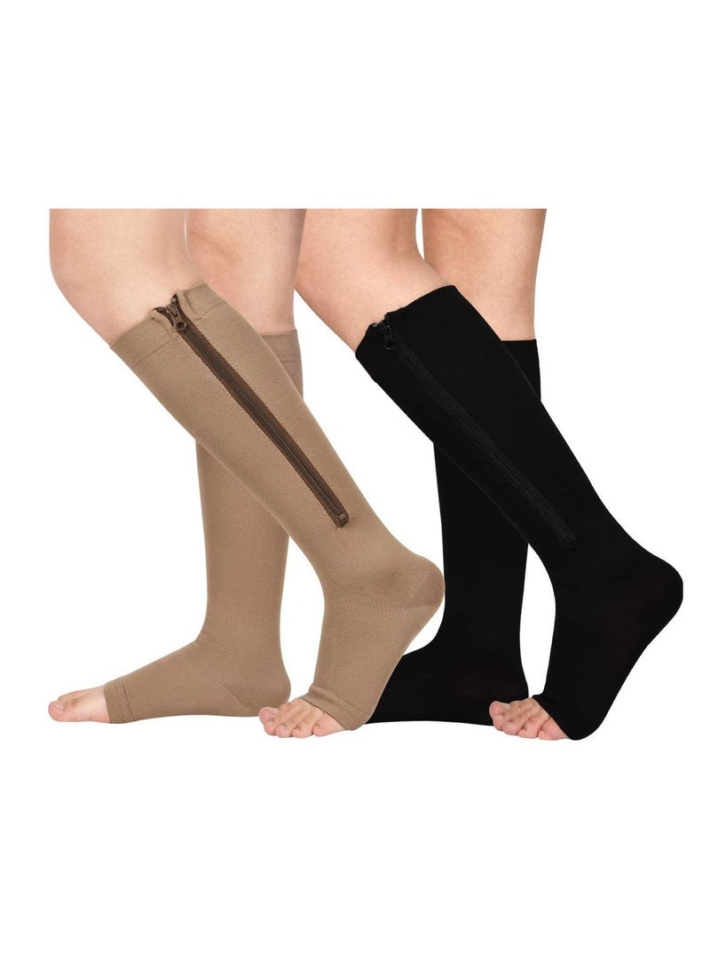 AS SEEN ON TV Zip Sock stretchy zipper leg Compression Socks for Women Men Open Toe Brown/Black 2Pair - Image 1