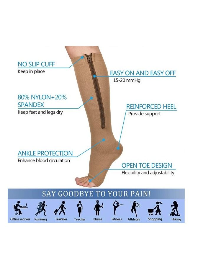 AS SEEN ON TV Zip Sock stretchy zipper leg Compression Socks for Women Men Open Toe Brown/Black 2Pair - Image 2