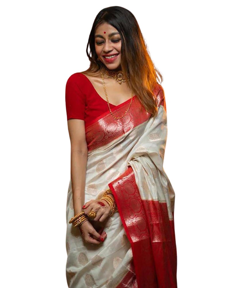 Vivatra Women Banarasi Soft Silk Saree | Jacquard Weaving with Rich Pallu & Border | Includ Matching Utitched Blouse Piece (VT-KP-6006-Off White_Red) - Image 1