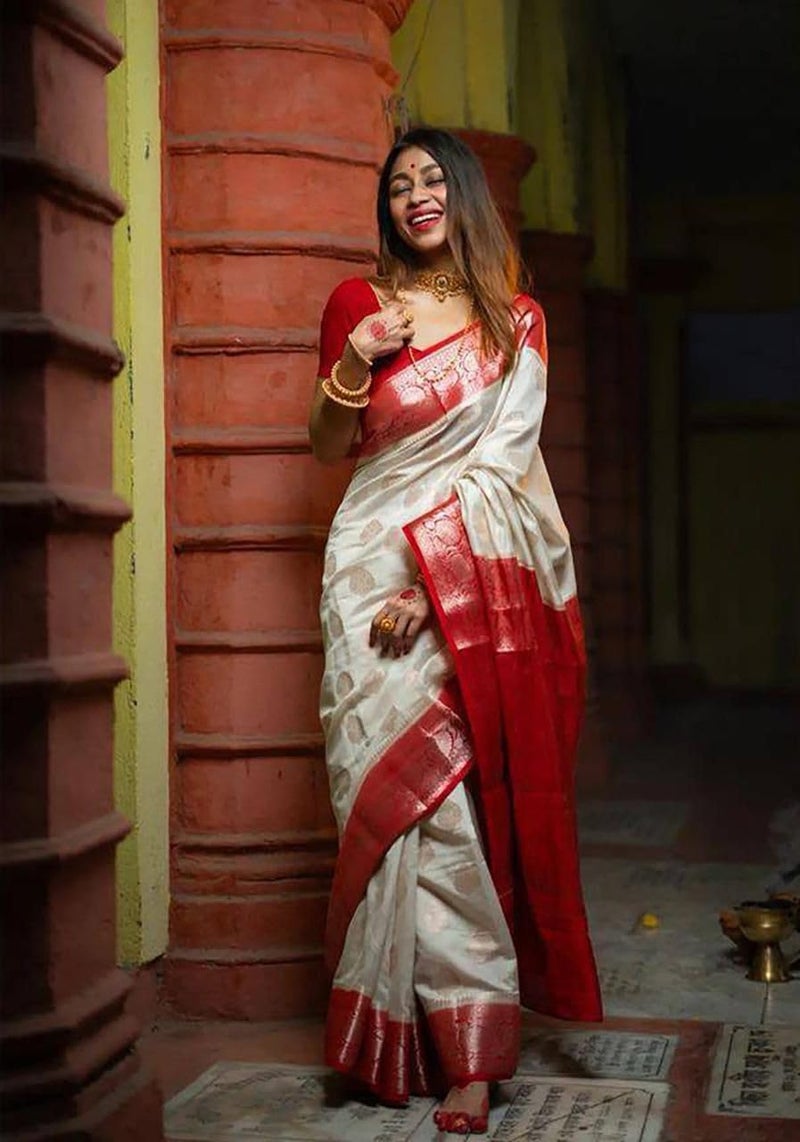 Vivatra Women Banarasi Soft Silk Saree | Jacquard Weaving with Rich Pallu & Border | Includ Matching Utitched Blouse Piece (VT-KP-6006-Off White_Red) - Image 2