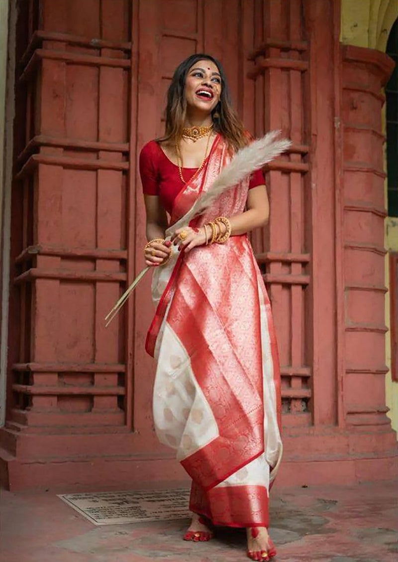 Vivatra Women Banarasi Soft Silk Saree | Jacquard Weaving with Rich Pallu & Border | Includ Matching Utitched Blouse Piece (VT-KP-6006-Off White_Red) - Image 4