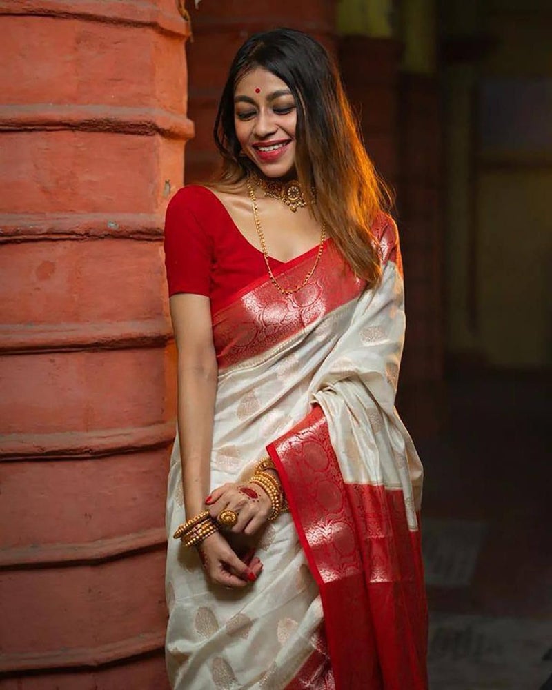Vivatra Women Banarasi Soft Silk Saree | Jacquard Weaving with Rich Pallu & Border | Includ Matching Utitched Blouse Piece (VT-KP-6006-Off White_Red) - Image 5