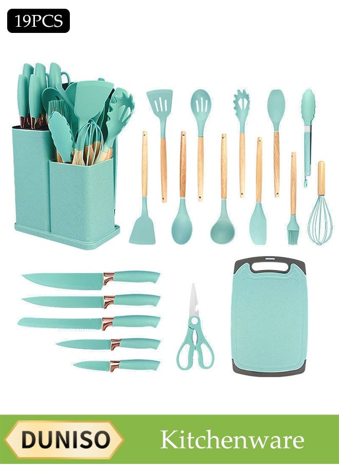 DUNISO 19-Piece Silicone Cooking Utensils Set, Kitchen Wooden Cutlery Tools For Non-Stick Pans With Bamboo Wood Handles, Knife Combination Set With Storage Bucket, Non-Toxic Spatula, Knife Pliers, Spatula And Spoon Set  - Image 1