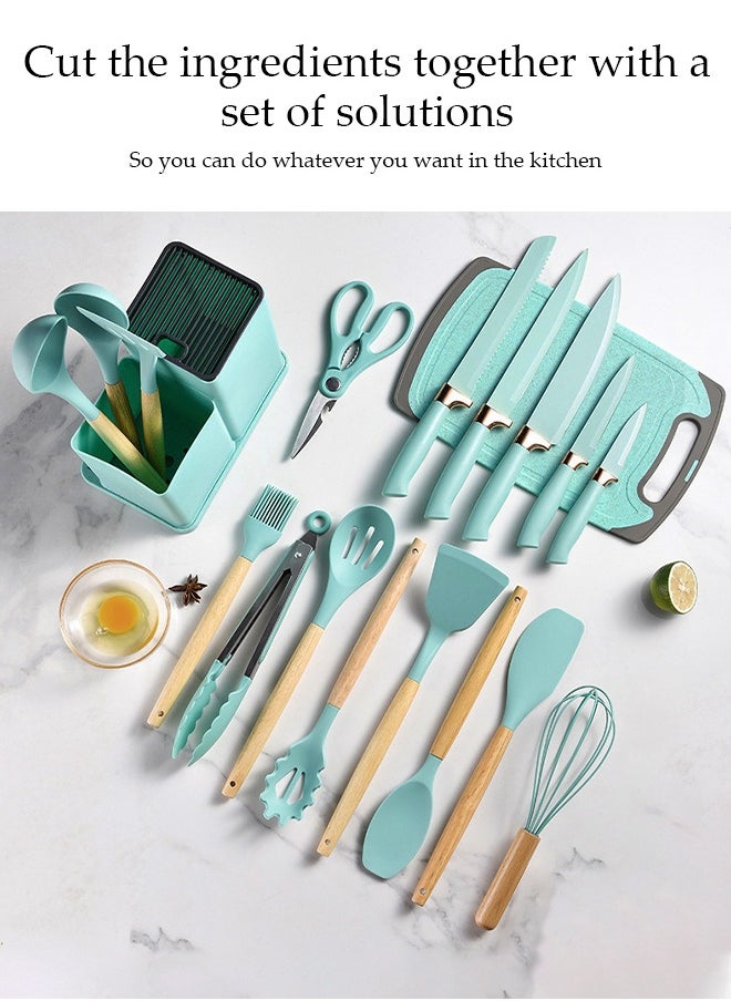 DUNISO 19-Piece Silicone Cooking Utensils Set, Kitchen Wooden Cutlery Tools For Non-Stick Pans With Bamboo Wood Handles, Knife Combination Set With Storage Bucket, Non-Toxic Spatula, Knife Pliers, Spatula And Spoon Set  - Image 5