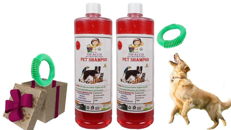 swacch Shampoo | Puppy Safe Shampoo | PH Balanced | Pet Shampoo 1 Litre Pack of 2 Strawberry + | O PVC Ring Rubber Chew Toy | Teething Chew Toy I Dental Teething I Durable I Combo Pack - Image 1