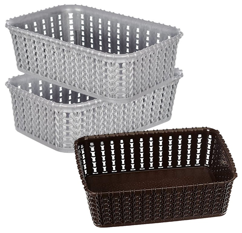 Kuber Industries Heart Home Multiuses Small M 15 Plastic Tray/Basket/Organizer Without Lid- Pack of 3 (Grey & Brown & Grey) -46HH0127 - Image 1