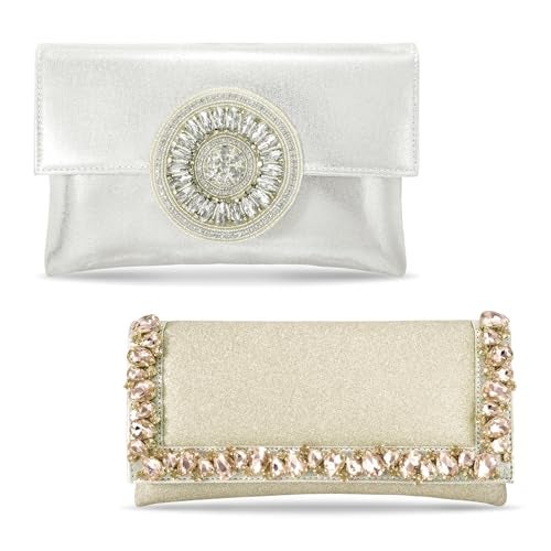 Peora Silver & Golden Bridal Clutch Combo Handbags Gift for Women - Image 1