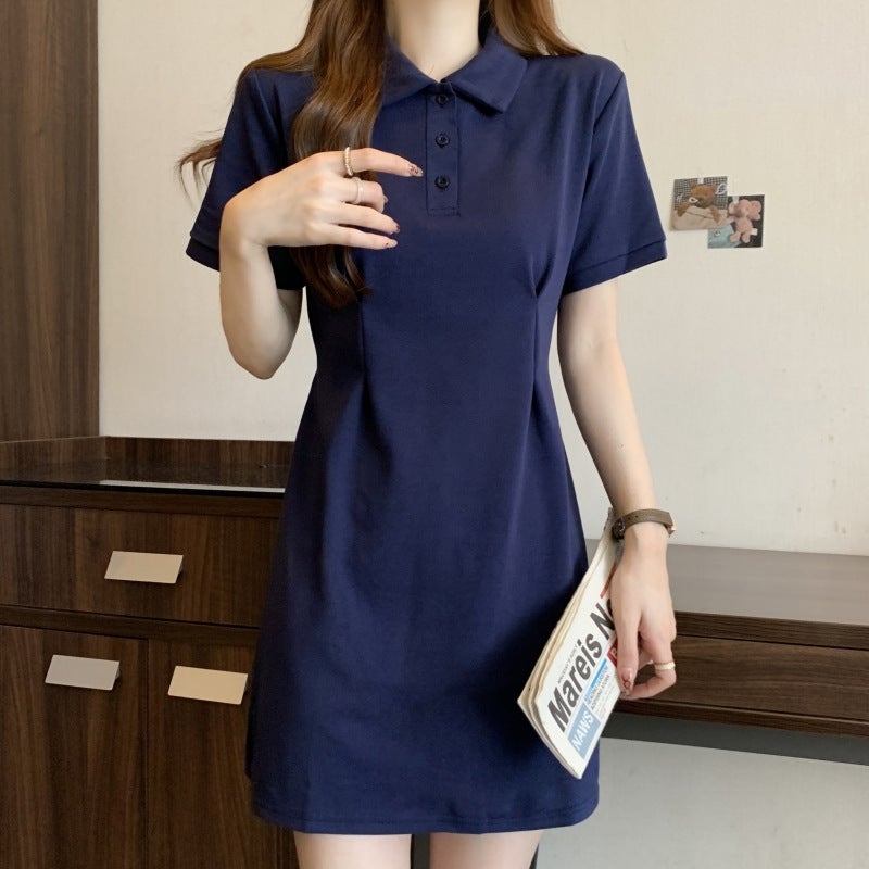 Summer 2024 Solid Polo T-Shirt Dress Women DSX#6655# Navy