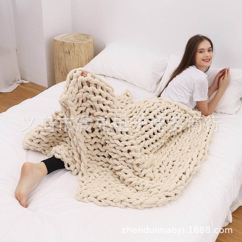 Chenille Chunky Knit Blanket Handmade Beige 