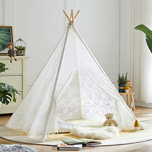 Asweets Kids Teepee Tent Children Play Tent Indoor Outdoor Cotton Play Tent for Girls Boys Kids White Lace Tent - Image 1