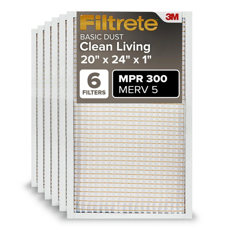 Filtrete 20x24x1 Air Filter MERV 5, 6-Pack AC Furnace Filters for Home HVAC, MPR 300 Basic Dust Defense, Removes Lint & Household Dust, 3-Month Pleated Electrostatic (Actual Size 19.81x23.81x0.81 in) - Image 1