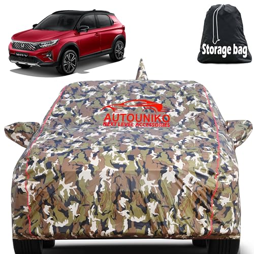 AUTOUNIKO Waterproof Car Body Cover for Honda Wr-V with Mirror and Antenna Pocket and Soft Cotton Lining (Full Bottom Elastic Triple Stitched) (Jungle Print with Red Piping) - Image 1
