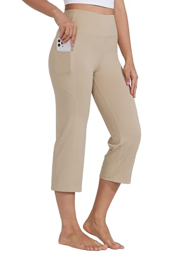 Willit Women's Yoga Capris Pants High Waist Leggings Crop Straight Leg Athletic Exercise Workout Capris Khaki M - Image 1