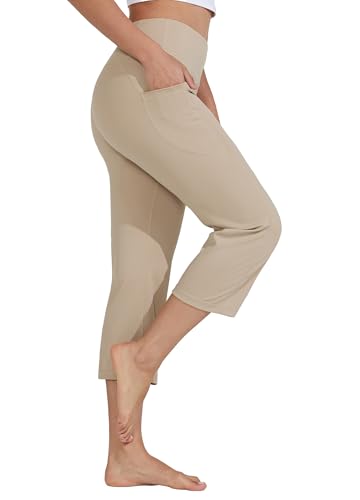 Willit Women's Yoga Capris Pants High Waist Leggings Crop Straight Leg Athletic Exercise Workout Capris Khaki M - Image 3