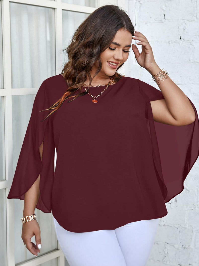 SCOMCHIC Plus Size Blouses for Women Summer Chiffon 3/4 Sleeve Tunic Tops Dressy Scoop Neck Casual Loose Flowy Shirts Burgundy - Image 4