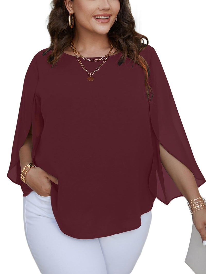 SCOMCHIC Plus Size Blouses for Women Summer Chiffon 3/4 Sleeve Tunic Tops Dressy Scoop Neck Casual Loose Flowy Shirts Burgundy - Image 1