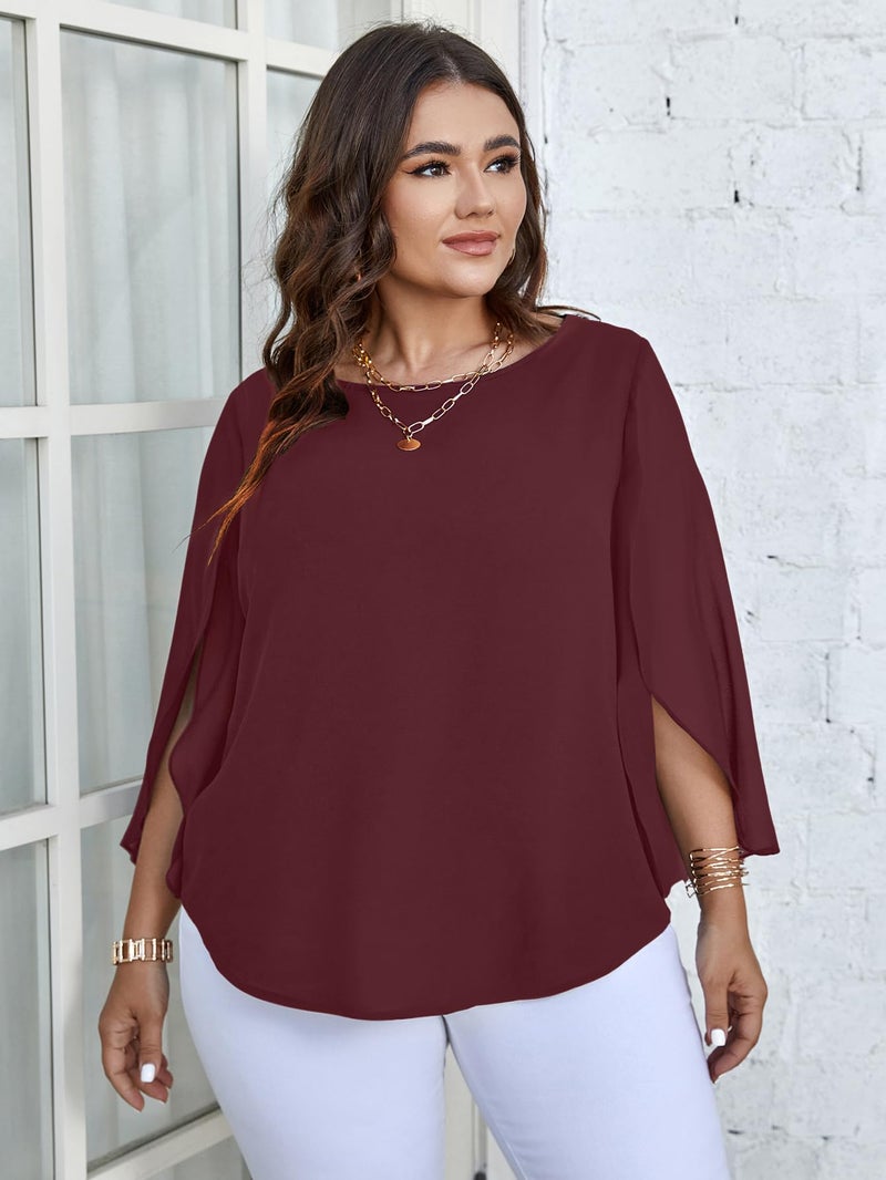SCOMCHIC Plus Size Blouses for Women Summer Chiffon 3/4 Sleeve Tunic Tops Dressy Scoop Neck Casual Loose Flowy Shirts Burgundy - Image 5