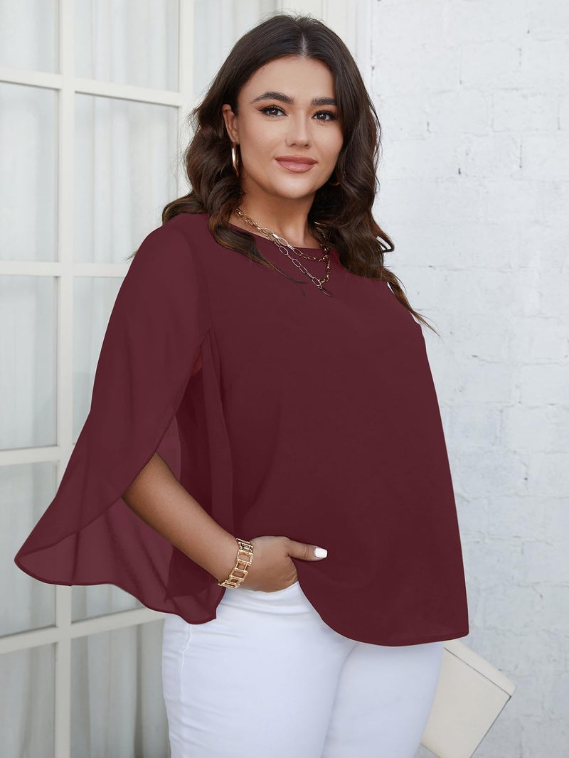 SCOMCHIC Plus Size Blouses for Women Summer Chiffon 3/4 Sleeve Tunic Tops Dressy Scoop Neck Casual Loose Flowy Shirts Burgundy - Image 3