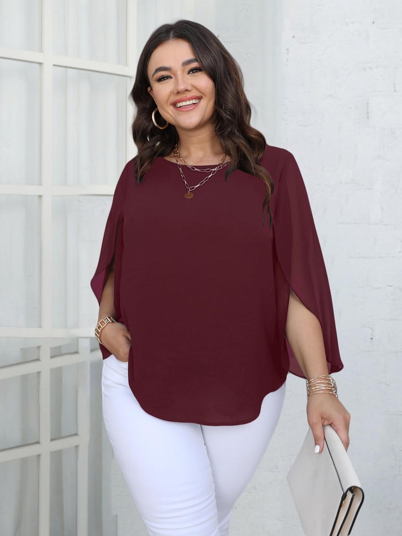 SCOMCHIC Plus Size Blouses for Women Summer Chiffon 3/4 Sleeve Tunic Tops Dressy Scoop Neck Casual Loose Flowy Shirts Burgundy - Image 2