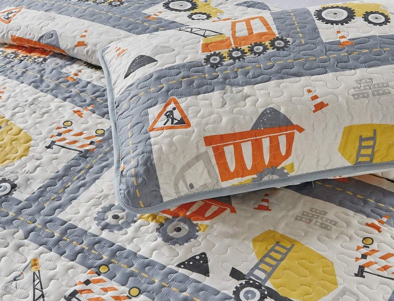 Linen Plus Bedspread Set Kids/Teens Construction Crane Vehicles Work Trucks Cement Tractor Concrete Mixer White Grey Yellow Orange Black New # Orange Crane (Full/Queen) - Image 2
