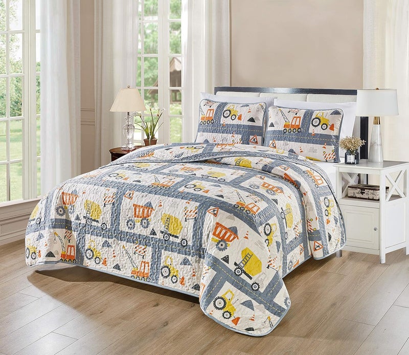 Linen Plus Bedspread Set Kids/Teens Construction Crane Vehicles Work Trucks Cement Tractor Concrete Mixer White Grey Yellow Orange Black New # Orange Crane (Full/Queen) - Image 1
