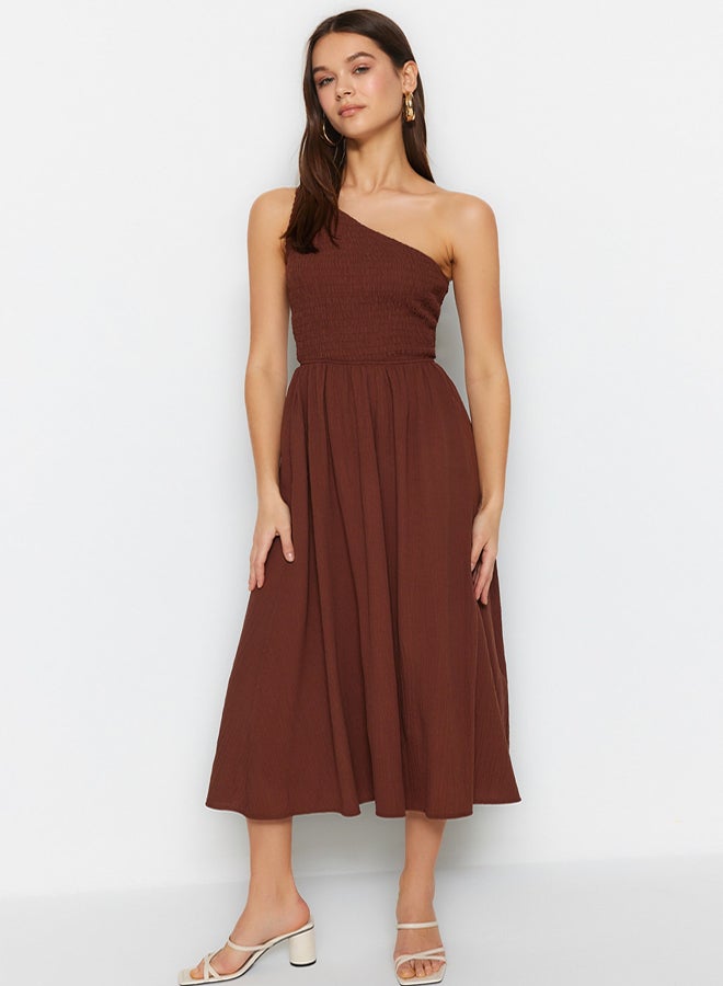 trendyol Brown Waist Opening Top Size Gipeli One Shoulder Midi Woven Dress - Image 1