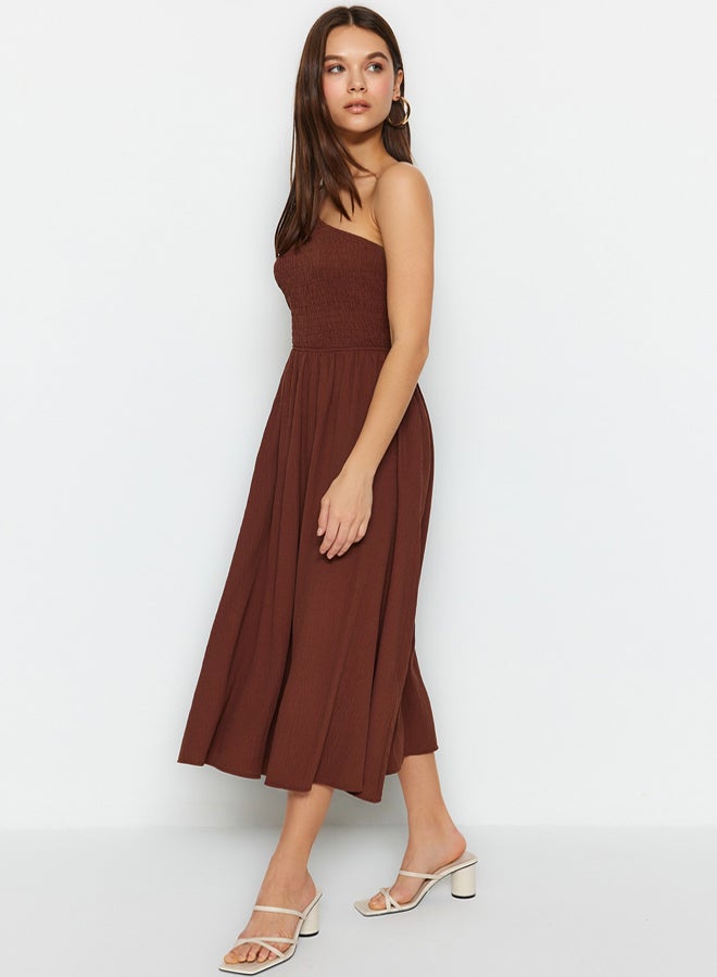 trendyol Brown Waist Opening Top Size Gipeli One Shoulder Midi Woven Dress - Image 2
