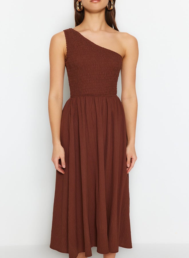 trendyol Brown Waist Opening Top Size Gipeli One Shoulder Midi Woven Dress - Image 3