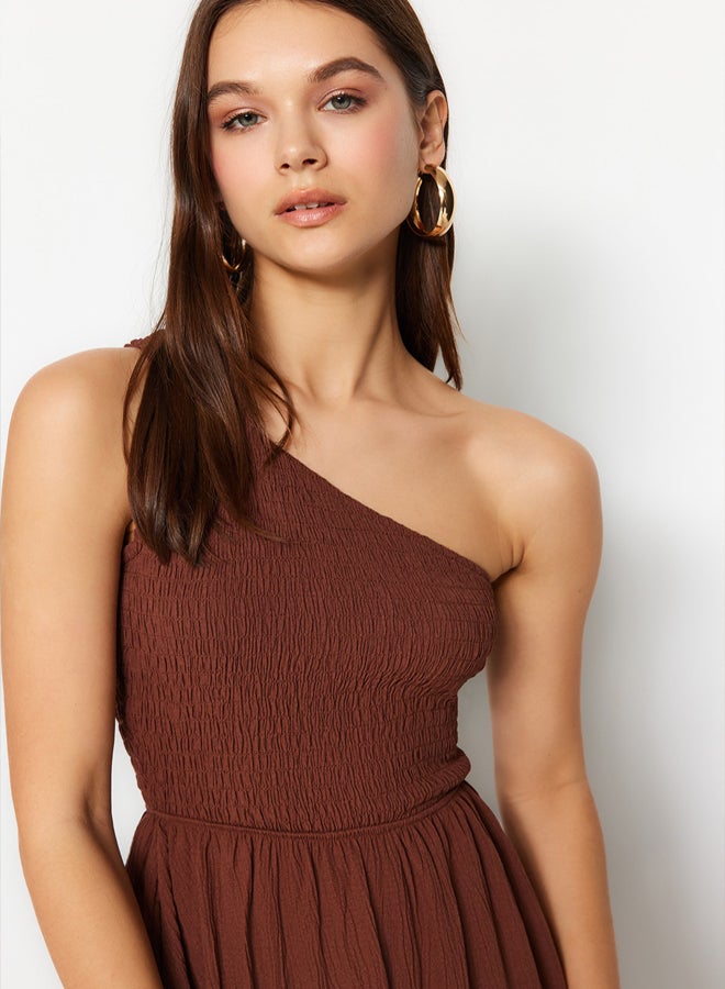 trendyol Brown Waist Opening Top Size Gipeli One Shoulder Midi Woven Dress - Image 4